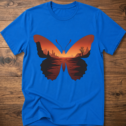 Royal blue crew-neck T-shirt with desert butterfly graphic on the chest