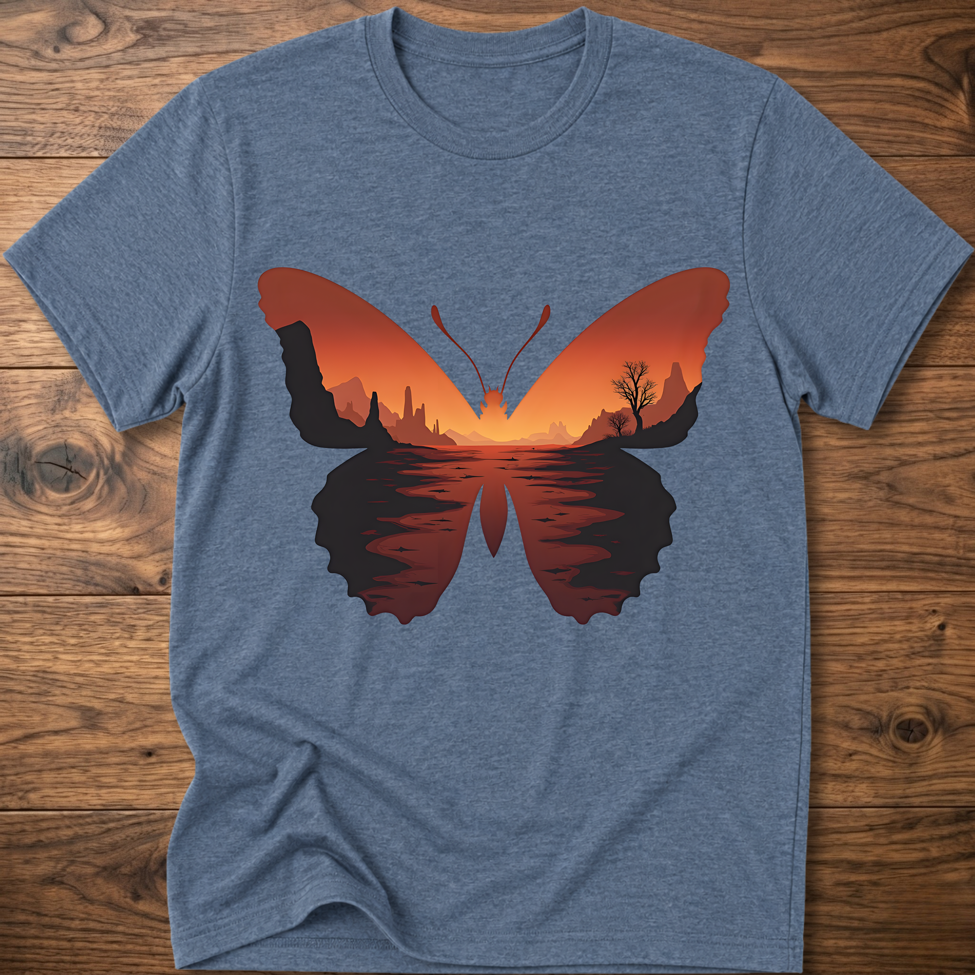 Light blue heather crew-neck T-shirt with desert butterfly graphic on the chest