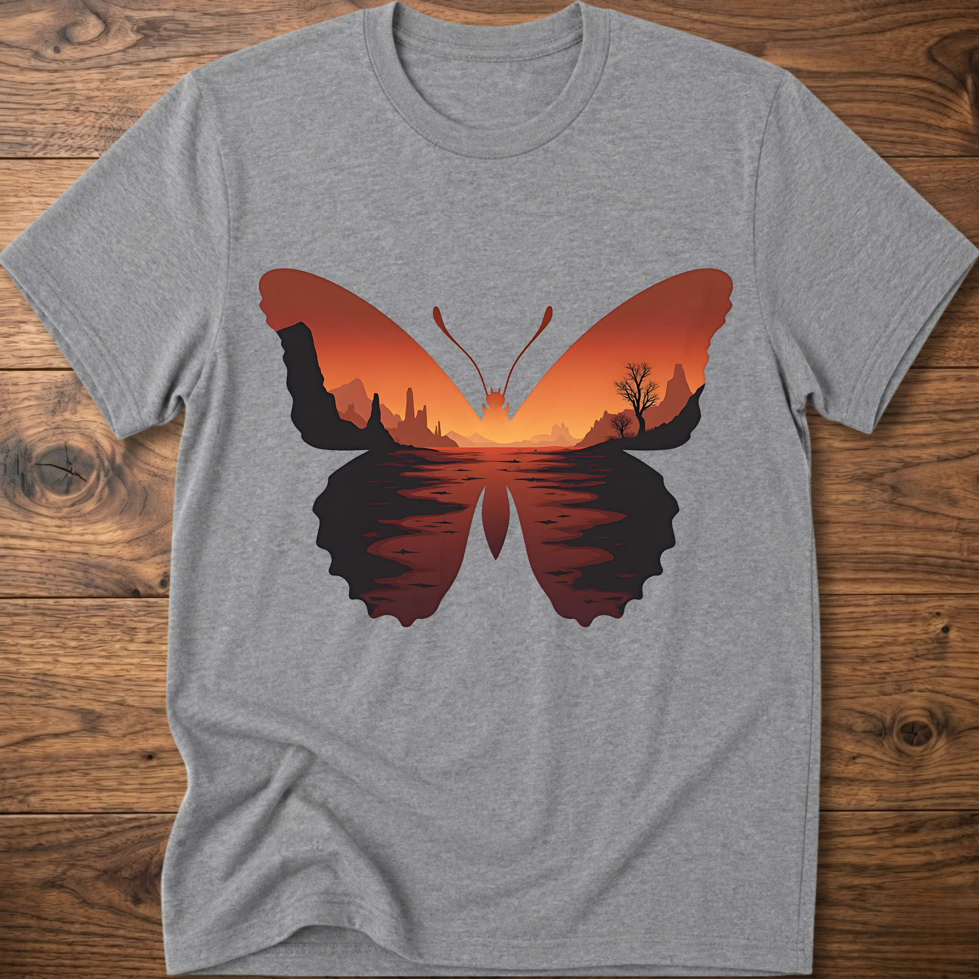 Sport grey crew-neck T-shirt with desert butterfly graphic on the chest