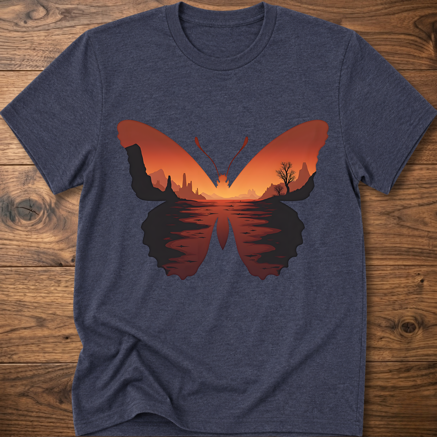 Heather navy crew-neck T-shirt with desert butterfly graphic on the chest