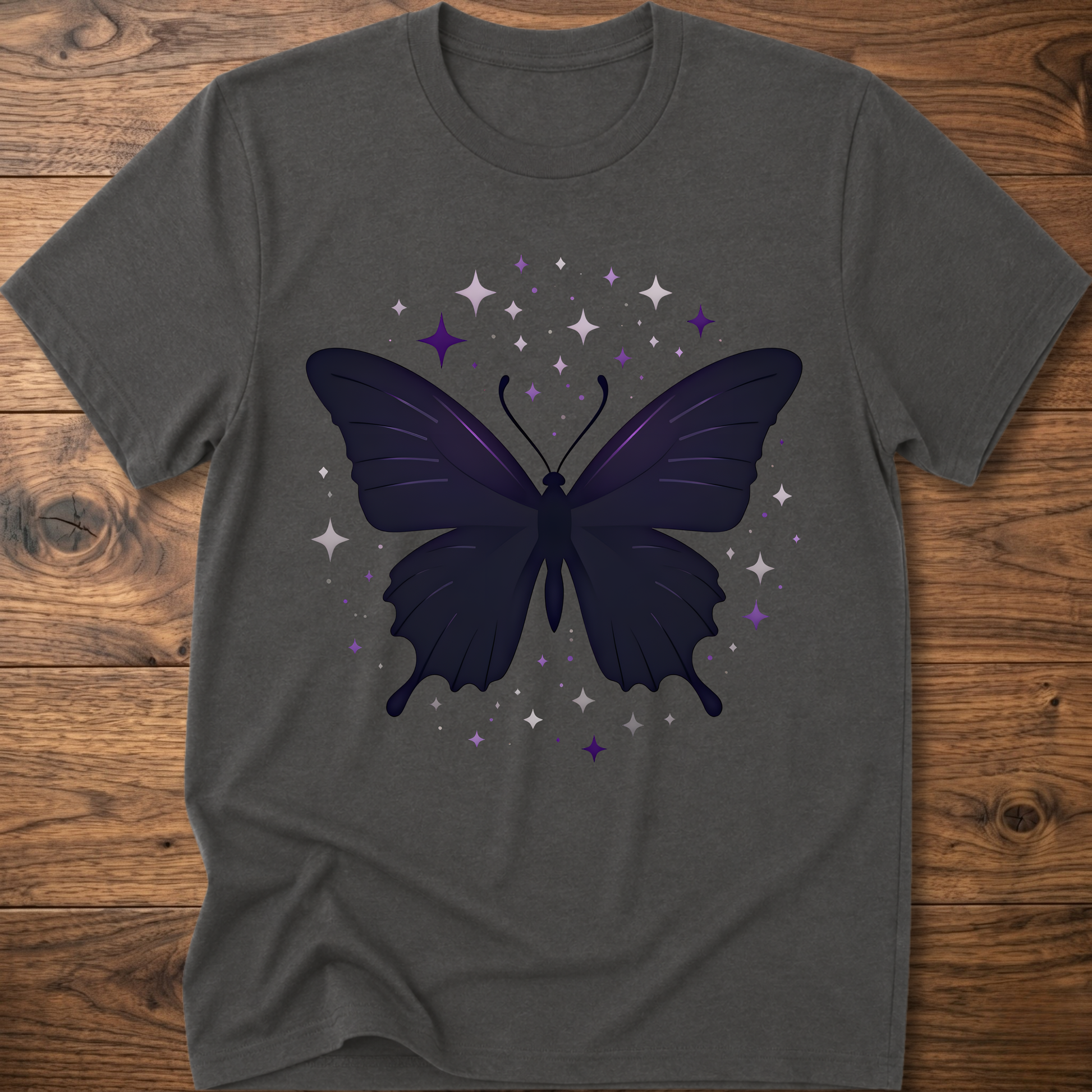 Dark gray T-shirt with dark butterfly star graphic in purple and gray