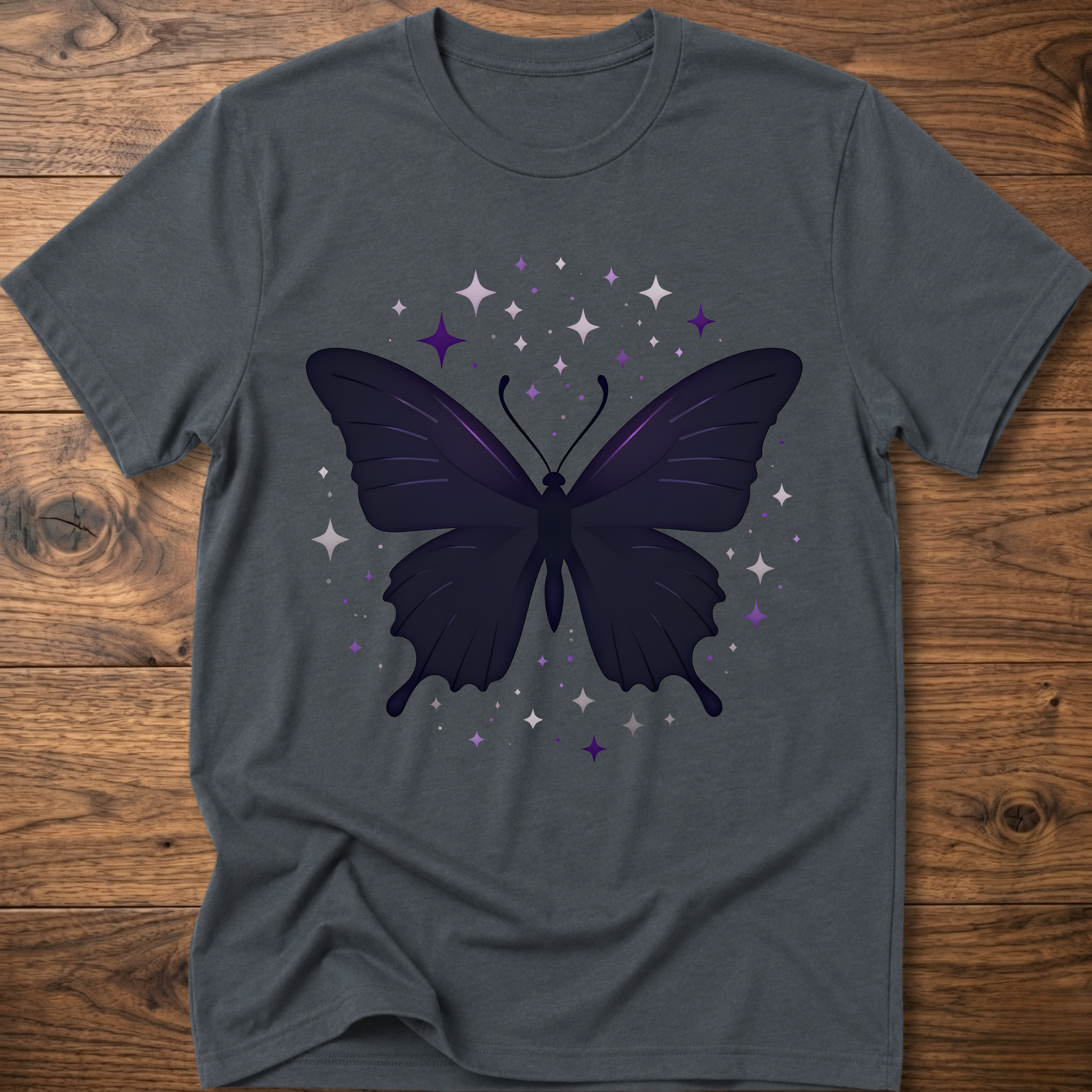 Charcoal gray T-shirt with dark butterfly star graphic in purple and gray