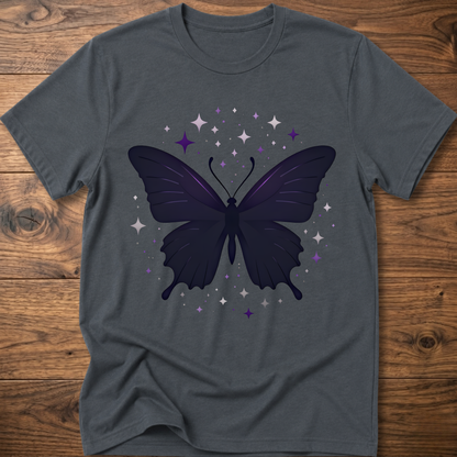 Charcoal gray T-shirt with dark butterfly star graphic in purple and gray