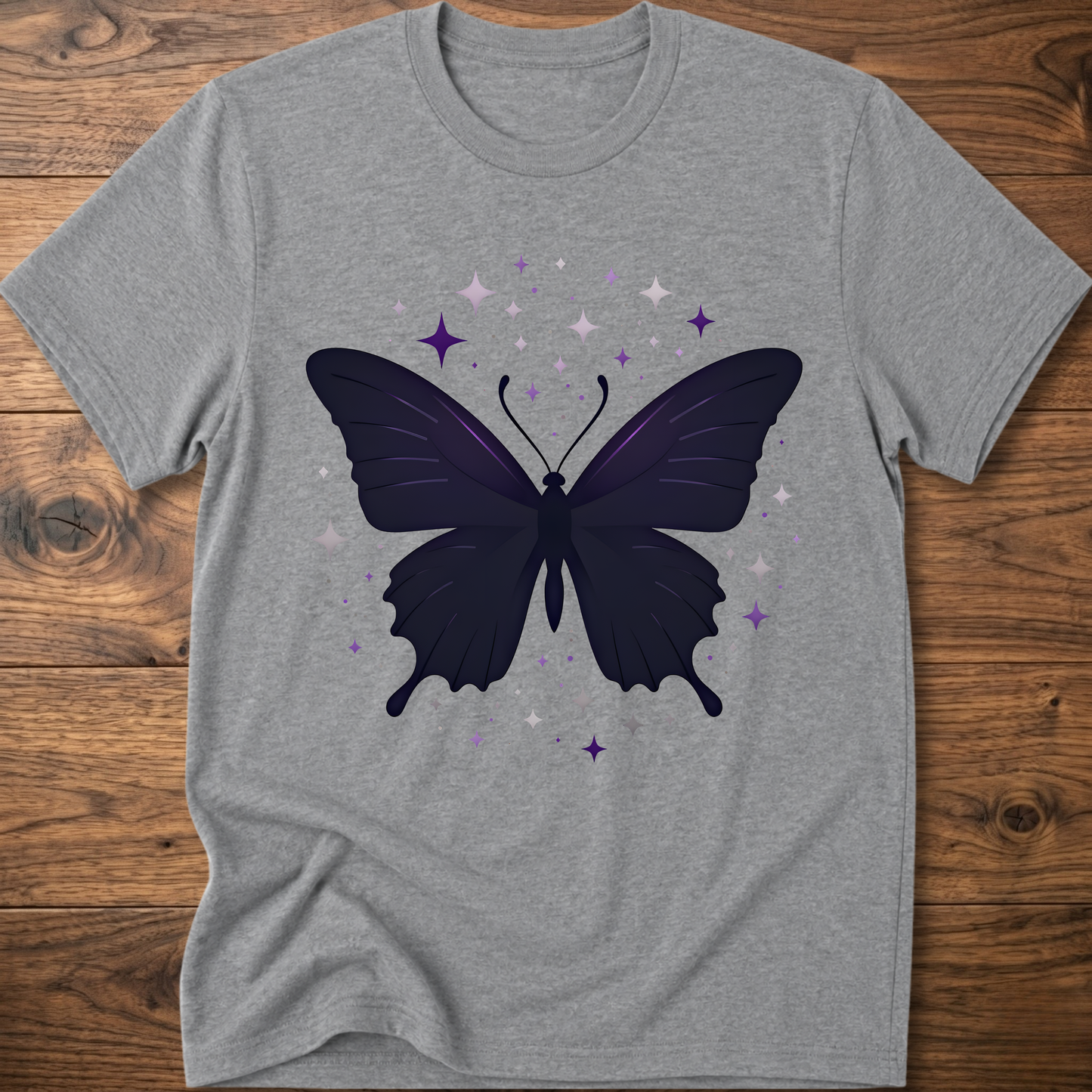 Heather gray T-shirt with dark butterfly star graphic in purple and gray