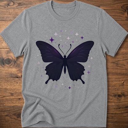 Heather gray T-shirt with dark butterfly star graphic in purple and gray