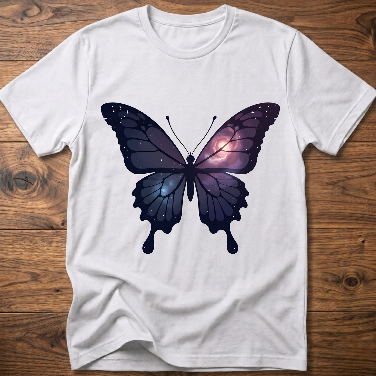 White crew-neck short-sleeve T-shirt with galaxy butterfly graphic in dark blue and purple