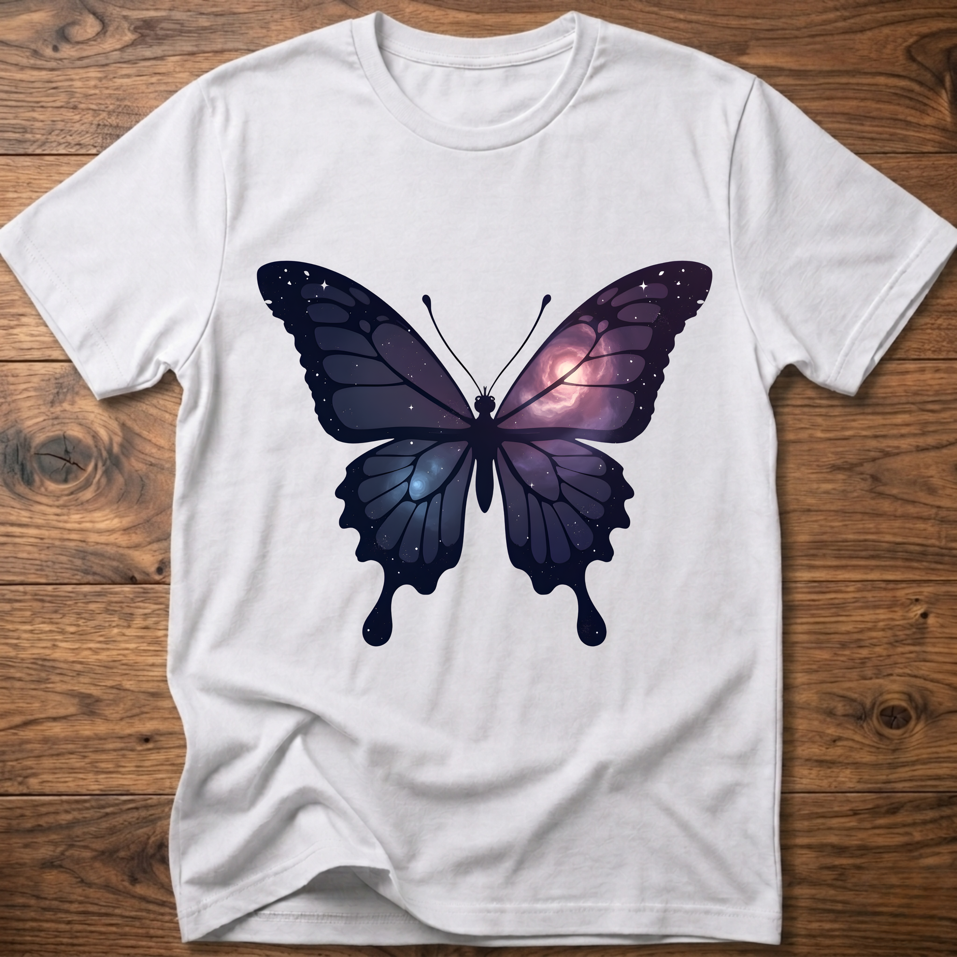 White crew-neck short-sleeve T-shirt with galaxy butterfly graphic in dark blue and purple