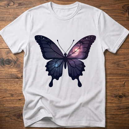 White crew-neck short-sleeve T-shirt with galaxy butterfly graphic in dark blue and purple