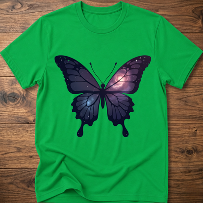 Green crew-neck short-sleeve T-shirt with galaxy butterfly graphic in dark blue and purple
