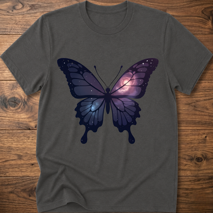 Charcoal crew-neck short-sleeve T-shirt with galaxy butterfly graphic in dark blue and purple