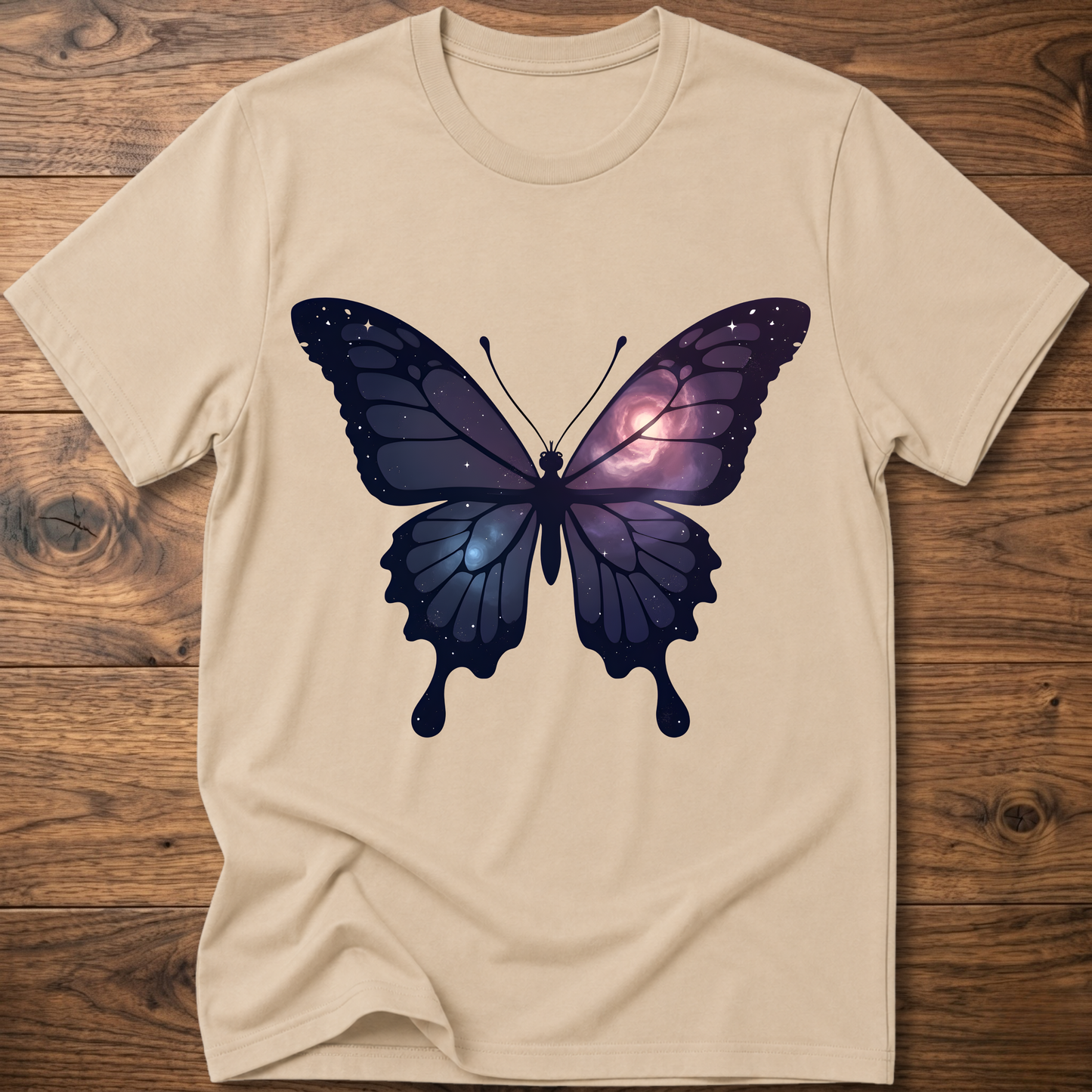 Sand crew-neck short-sleeve T-shirt with galaxy butterfly graphic in dark blue and purple