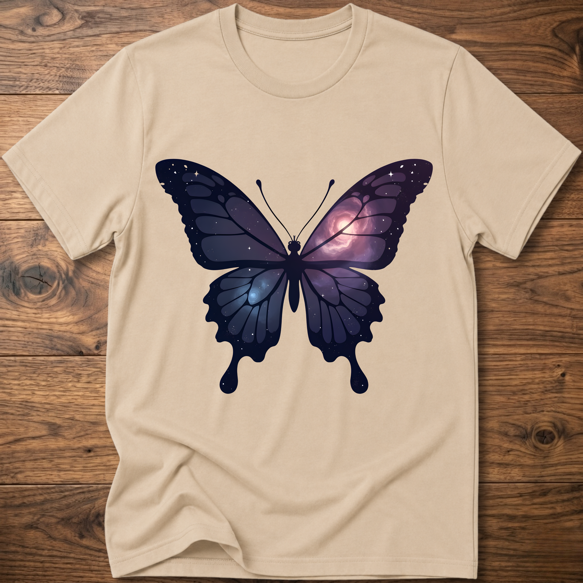 Sand crew-neck short-sleeve T-shirt with galaxy butterfly graphic in dark blue and purple