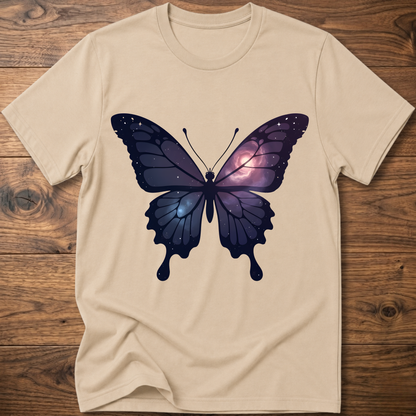 Sand crew-neck short-sleeve T-shirt with galaxy butterfly graphic in dark blue and purple