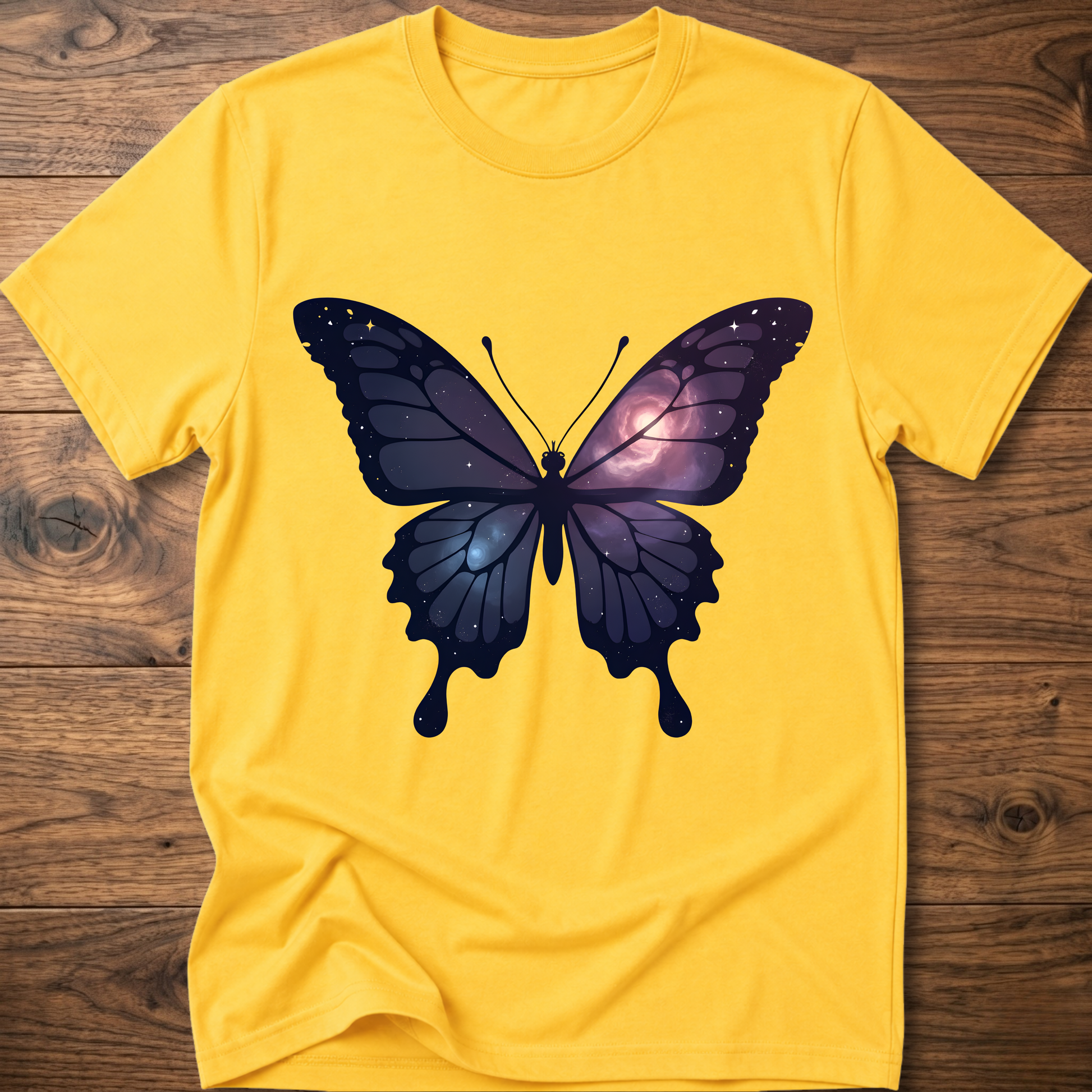 Yellow crew-neck short-sleeve T-shirt with galaxy butterfly graphic in dark blue and purple