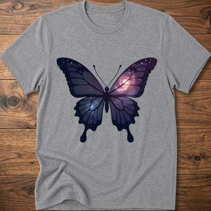 Heather gray crew-neck short-sleeve T-shirt with galaxy butterfly graphic in dark blue and purple