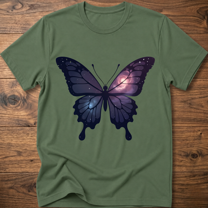 Military green crew-neck short-sleeve T-shirt with galaxy butterfly graphic in dark blue and purple