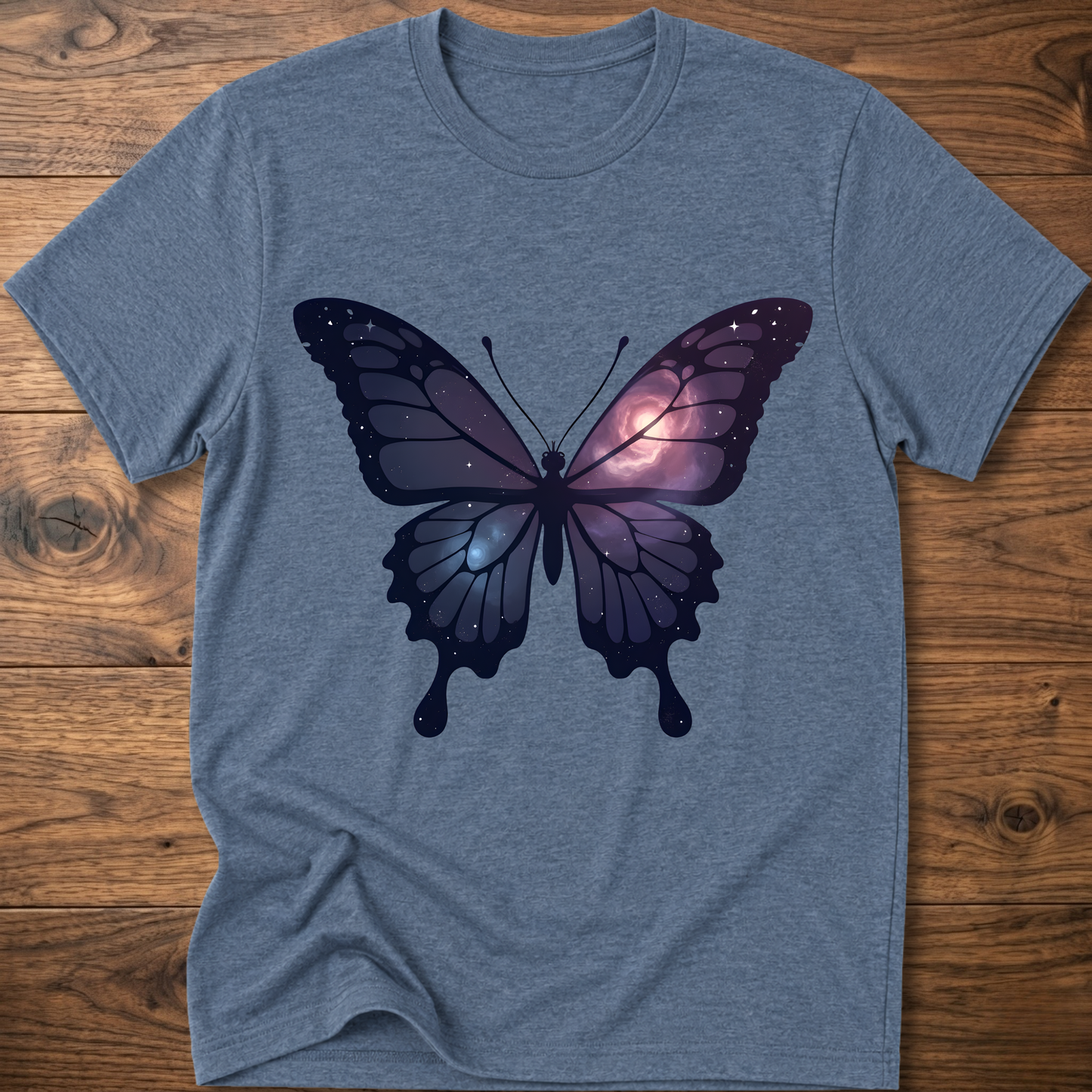 Heather blue crew-neck short-sleeve T-shirt with galaxy butterfly graphic in dark blue and purple