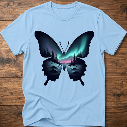 Light blue T-shirt with dark butterfly graphic and glowing forest aurora print