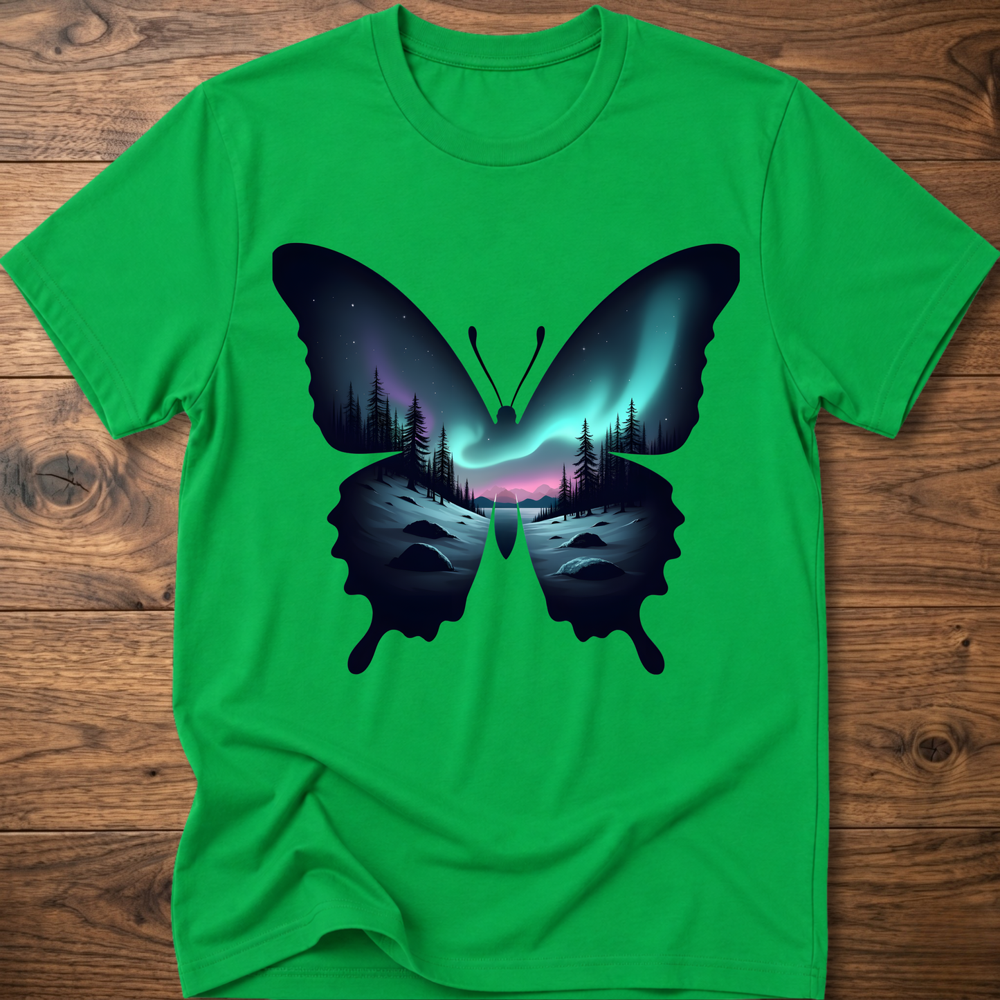 Bright green T-shirt with dark butterfly graphic and glowing forest aurora print