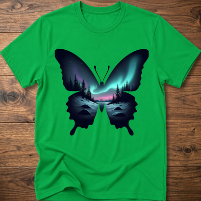 Bright green T-shirt with dark butterfly graphic and glowing forest aurora print