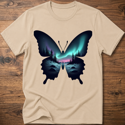 Sand T-shirt with dark butterfly graphic and glowing forest aurora print