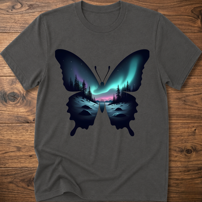 Charcoal gray T-shirt with dark butterfly graphic and glowing forest aurora print