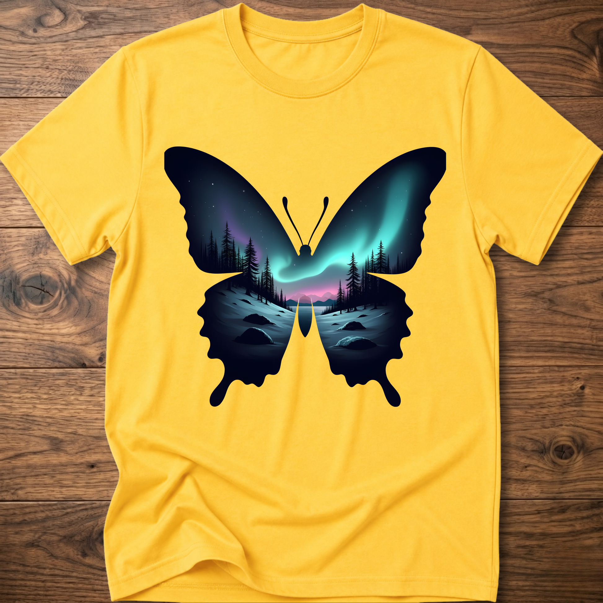 Yellow T-shirt with dark butterfly graphic and glowing forest aurora print