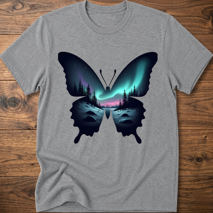 Heather gray T-shirt with dark butterfly graphic and glowing forest aurora print