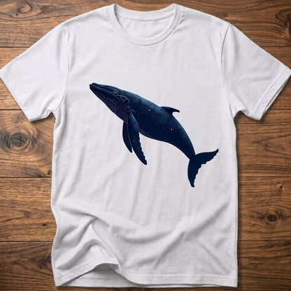 White whale graphic T-shirt with dark blue printed whale on the chest