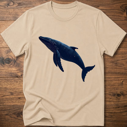Beige whale graphic T-shirt with dark blue printed whale on the chest