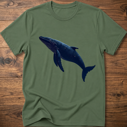 Olive green whale graphic T-shirt with dark blue printed whale on the chest