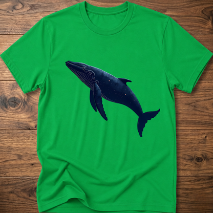 Green whale graphic T-shirt with dark blue printed whale on the chest