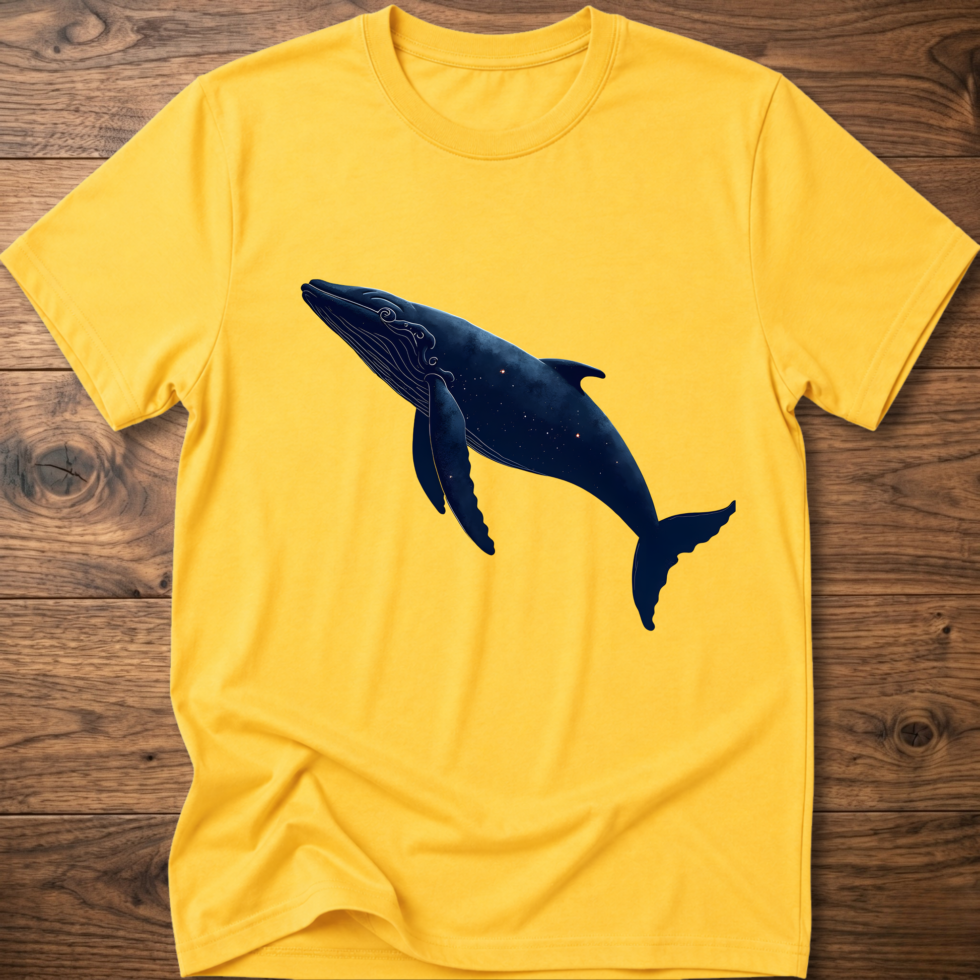 Yellow whale graphic T-shirt with dark blue printed whale on the chest