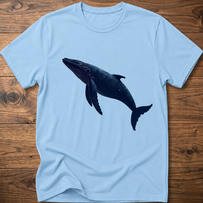Light blue whale graphic T-shirt with dark blue printed whale on the chest
