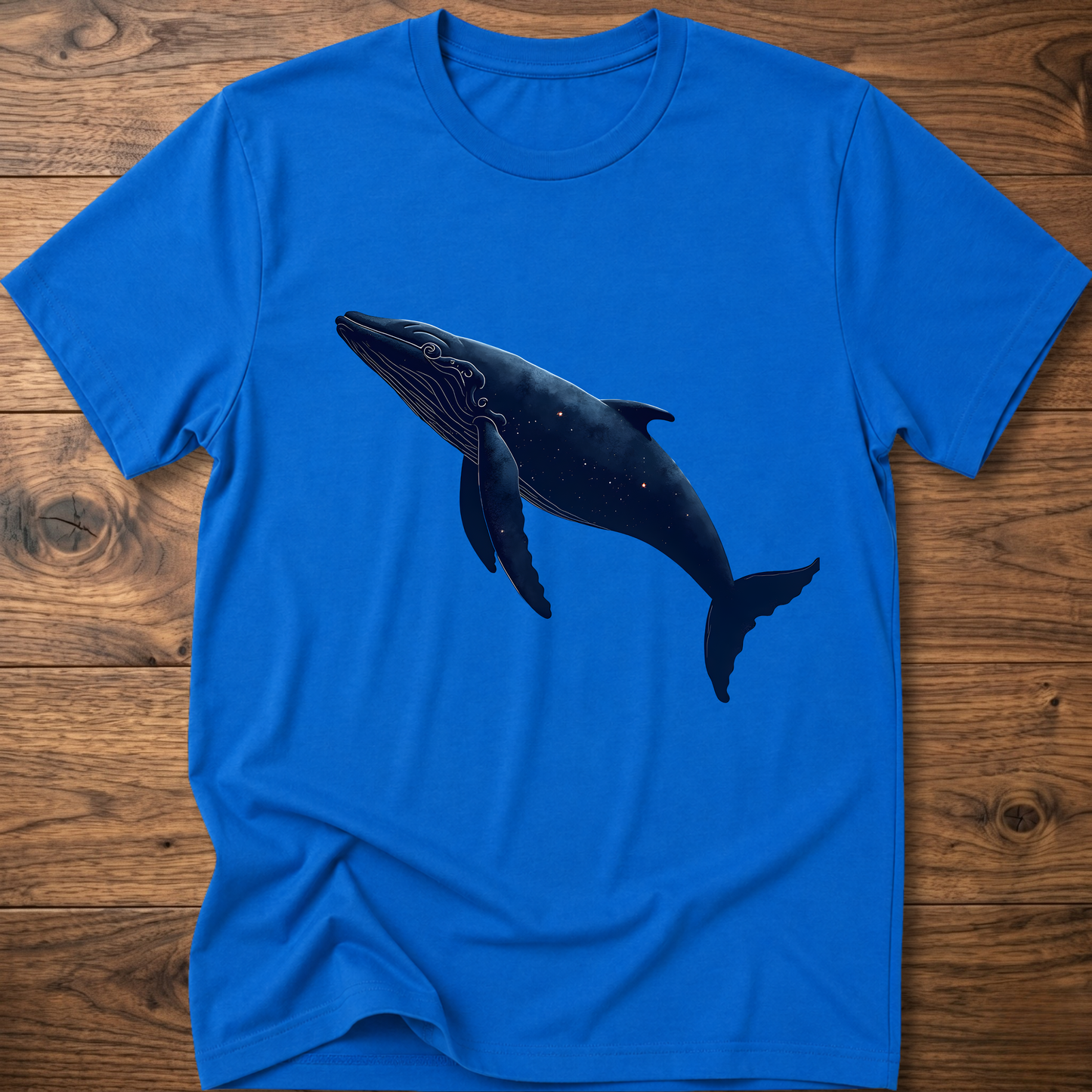 Royal blue whale graphic T-shirt with dark blue printed whale on the chest