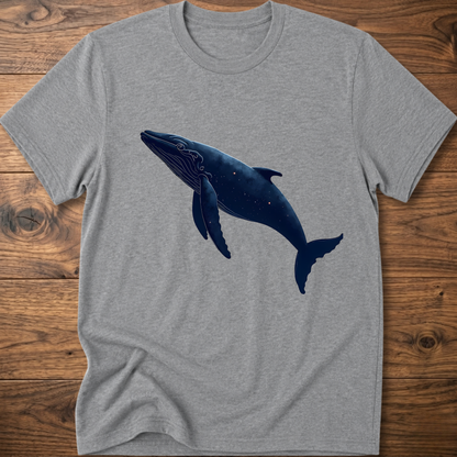 Medium gray whale graphic T-shirt with dark blue printed whale on the chest