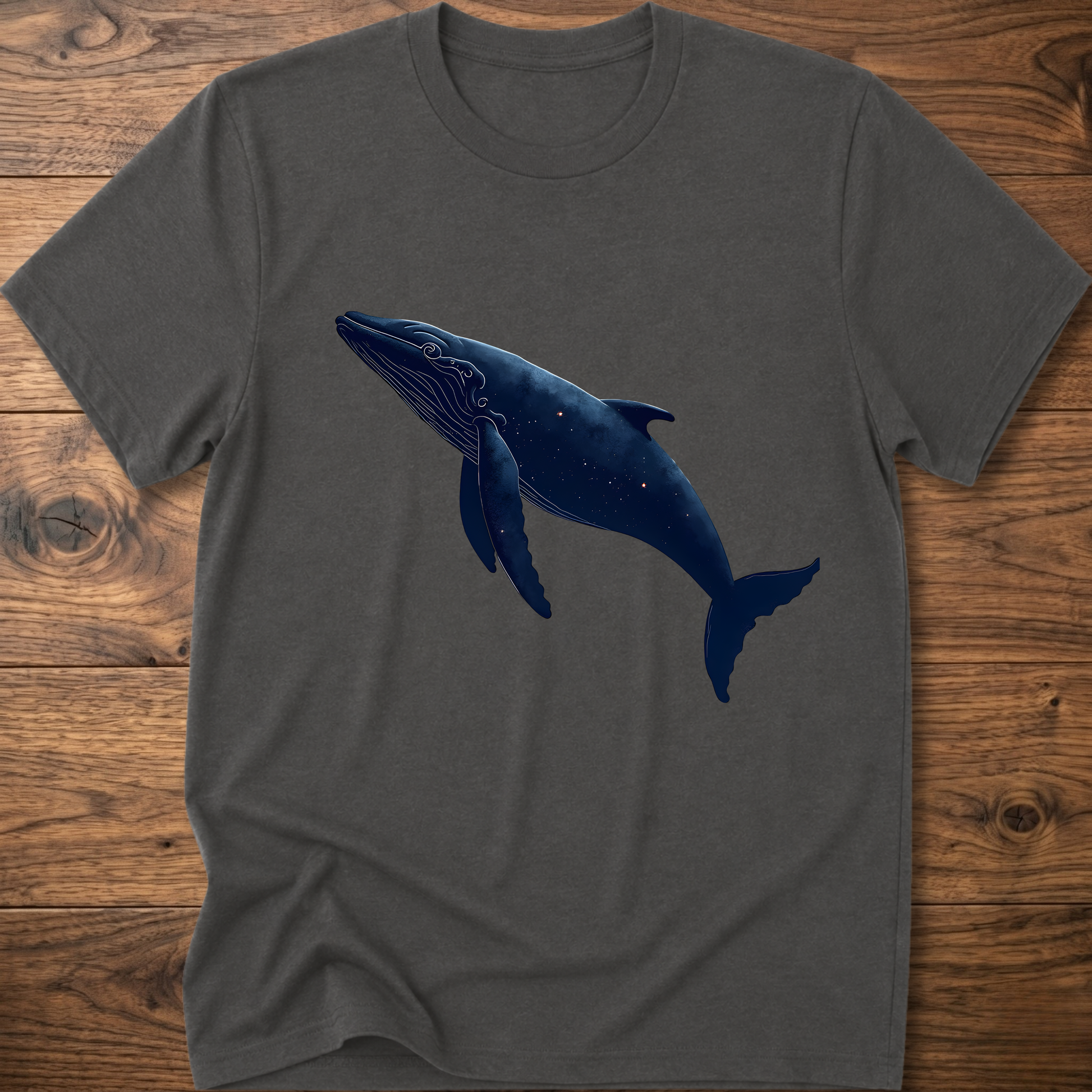 Charcoal gray whale graphic T-shirt with dark blue printed whale on the chest