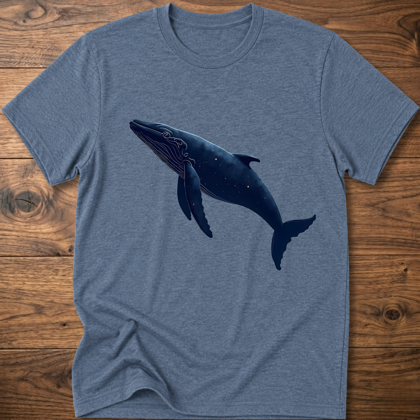 Heather blue whale graphic T-shirt with dark blue printed whale on the chest