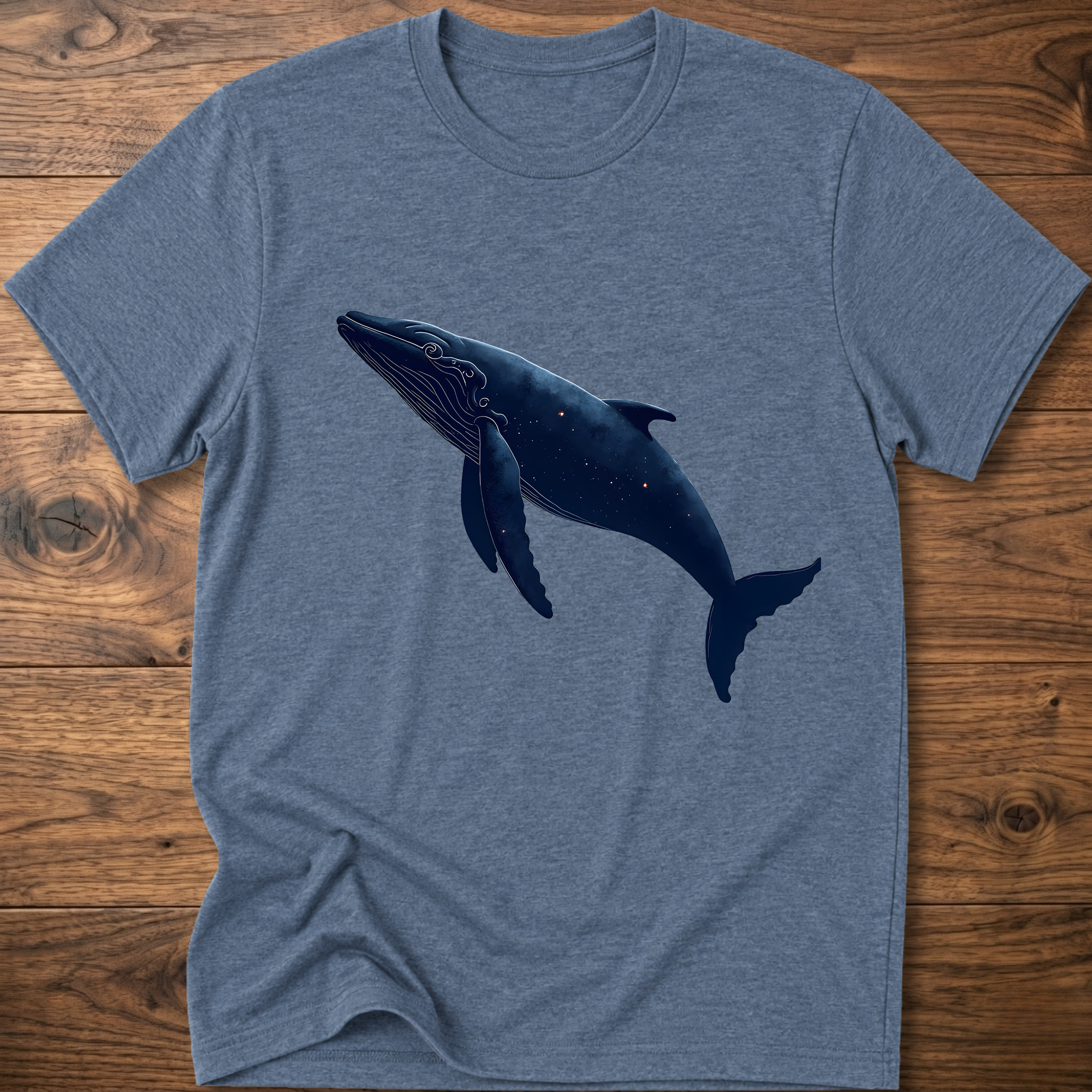 Heather blue whale graphic T-shirt with dark blue printed whale on the chest