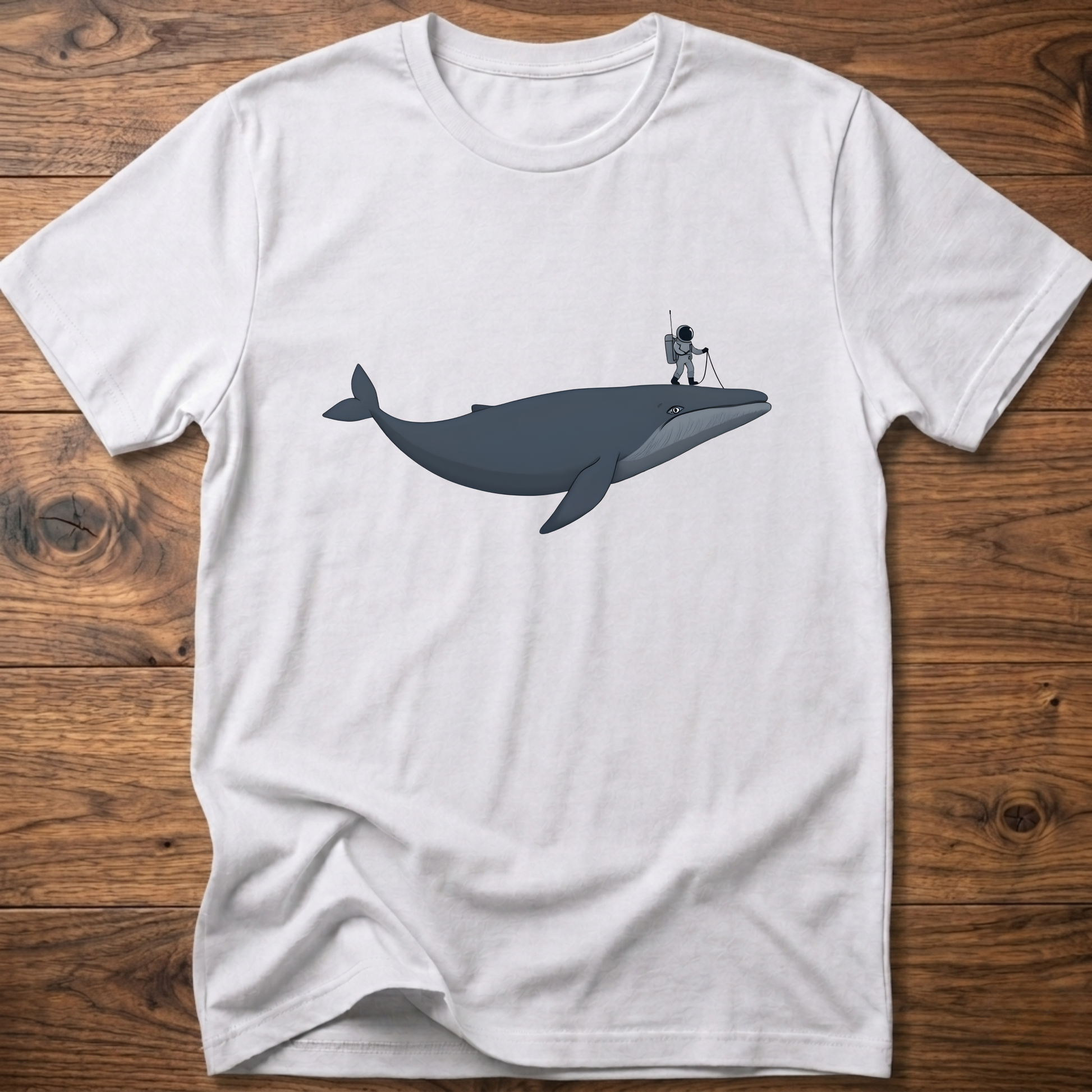 White astronaut whale T-shirt with graphic whale and astronaut standing on back fin