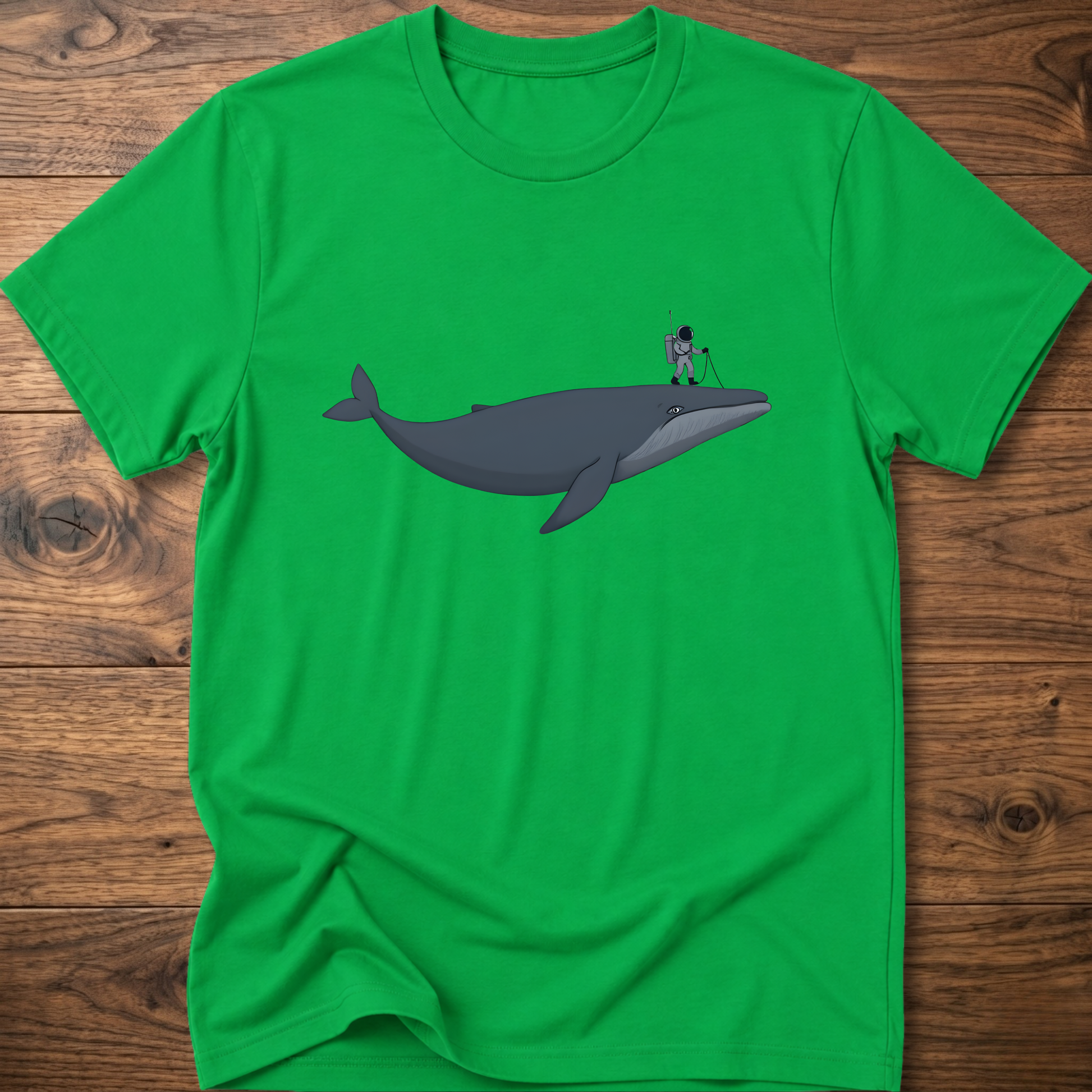 Green astronaut whale T-shirt with graphic whale and astronaut standing on back fin