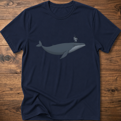 Navy short-sleeve crewneck T-shirt with minimalist whale and astronaut graphic