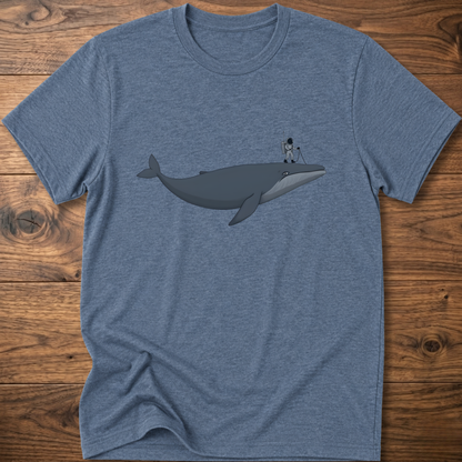 Gray astronaut whale T-shirt with graphic whale and astronaut standing on back fin