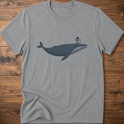 Heather gray astronaut whale T-shirt with graphic whale and astronaut standing on back fin