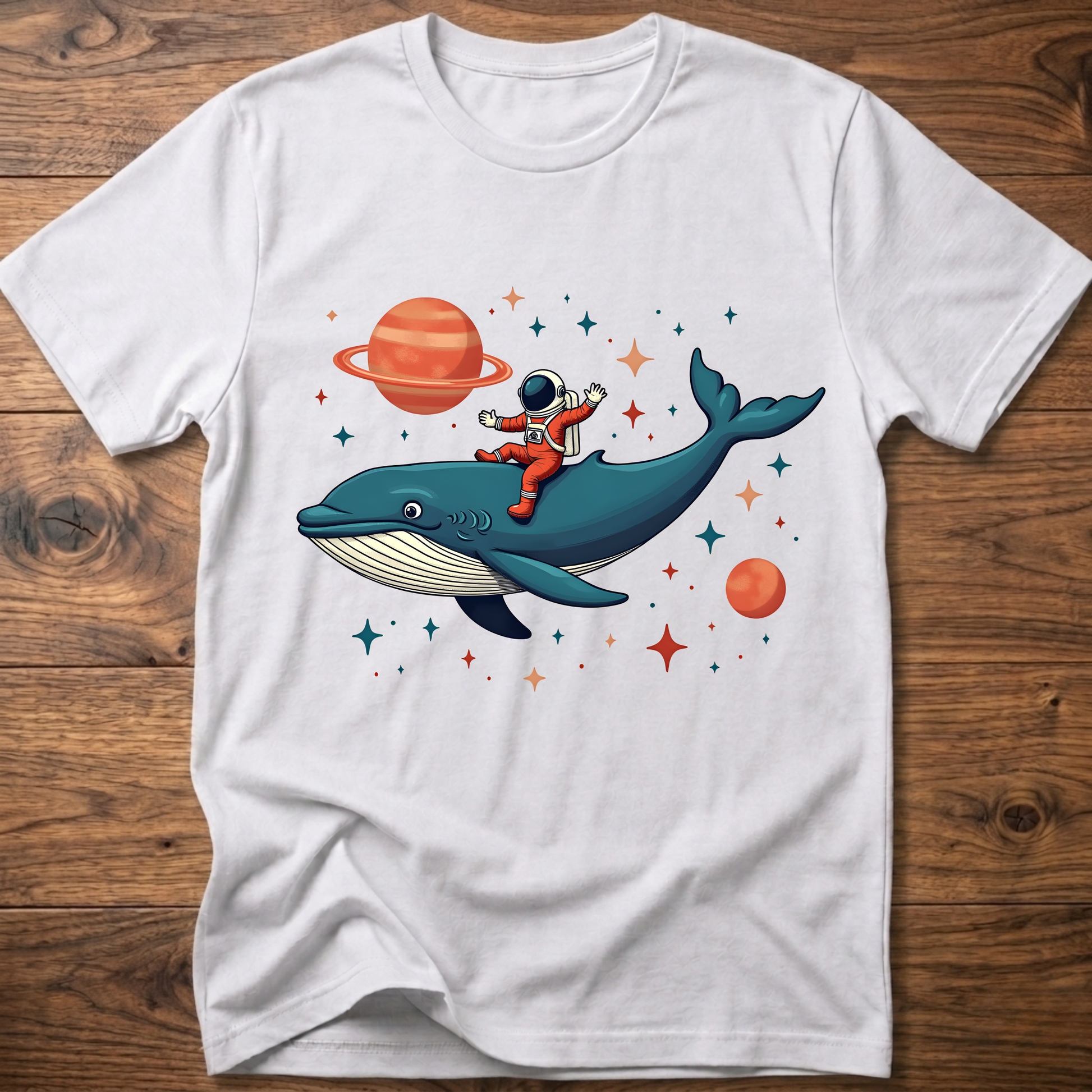 White astronaut and whale space-themed t-shirt with colorful front graphic