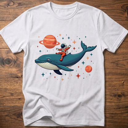 White astronaut and whale space-themed t-shirt with colorful front graphic