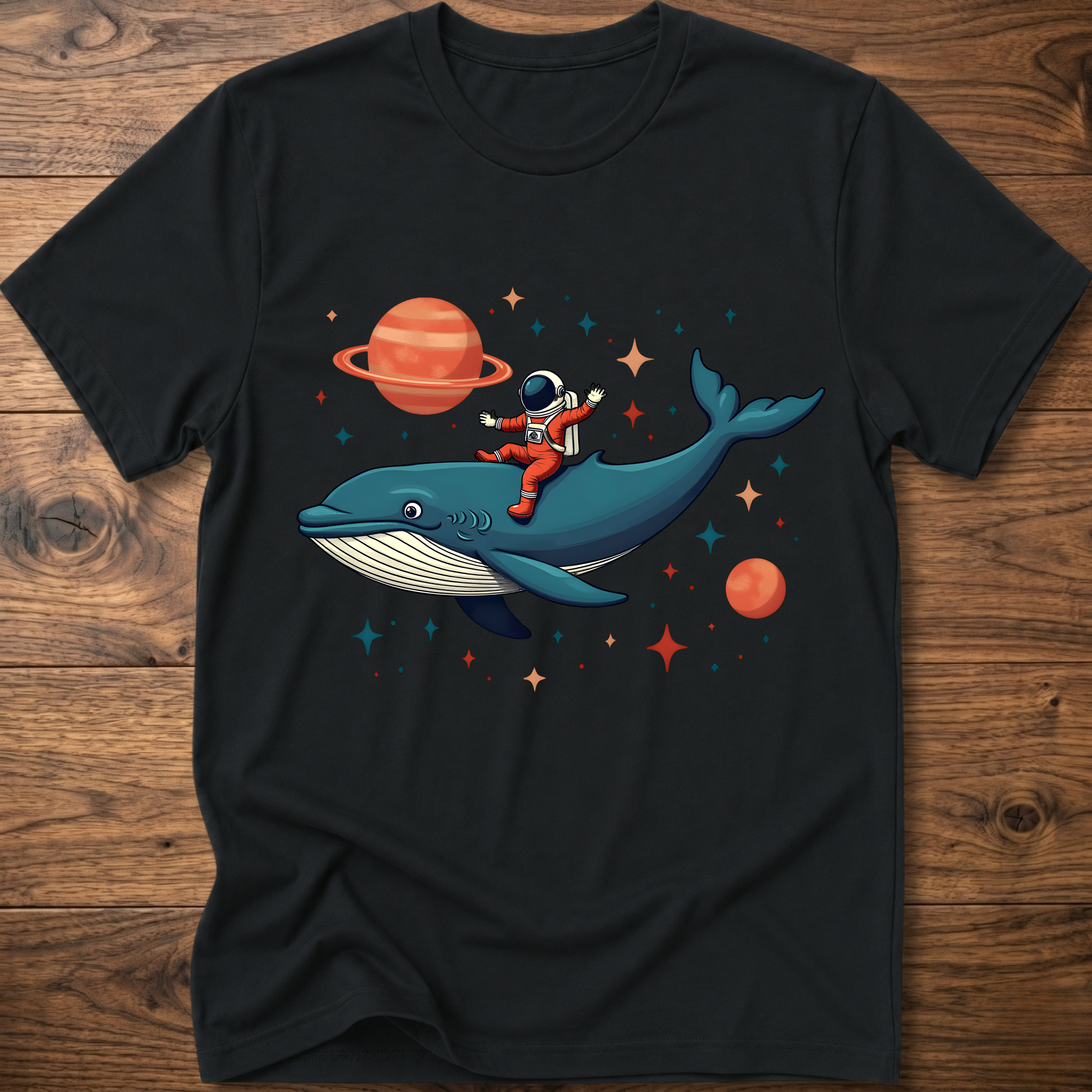 Black astronaut and whale space-themed t-shirt with colorful front graphic