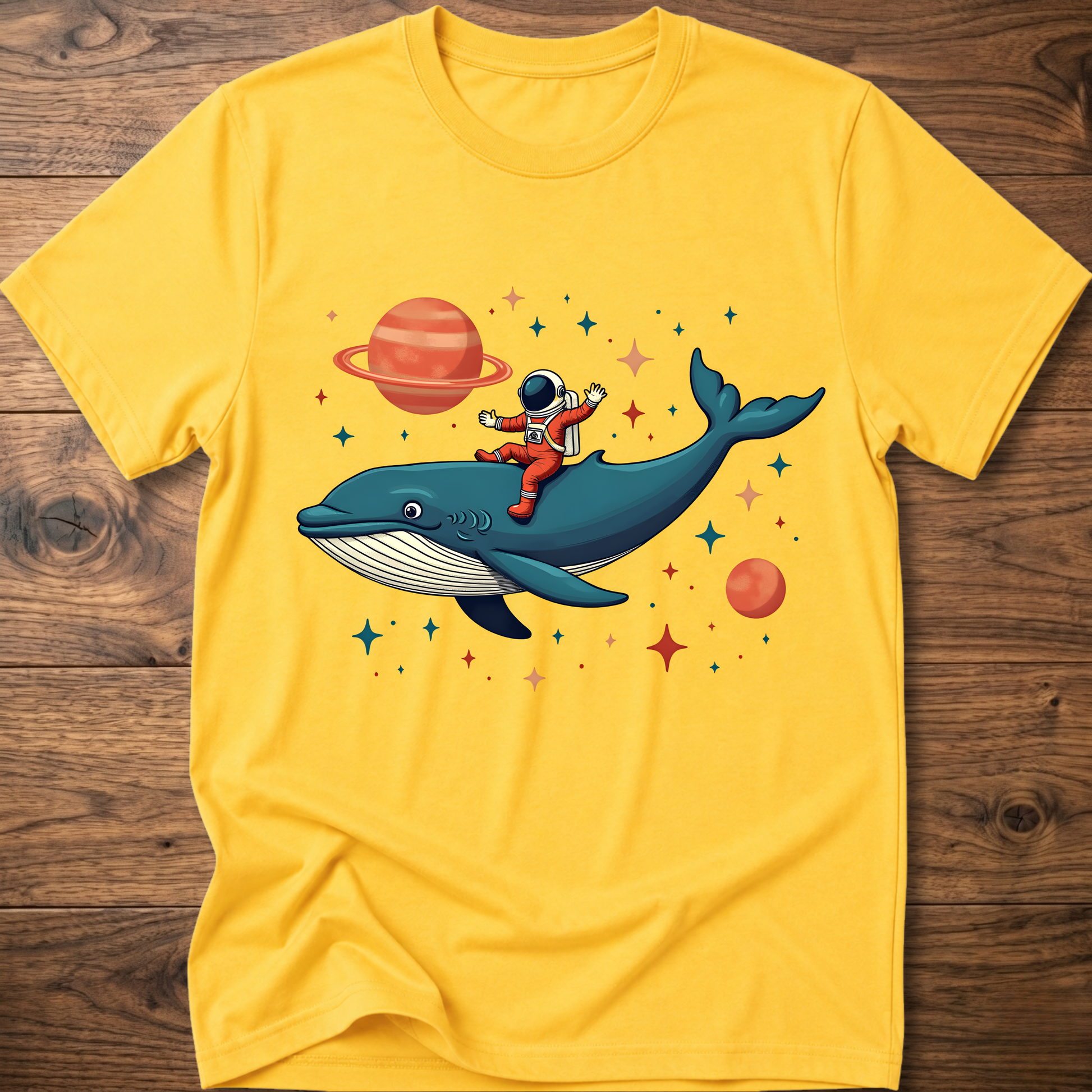 Yellow astronaut and whale space-themed t-shirt with colorful front graphic