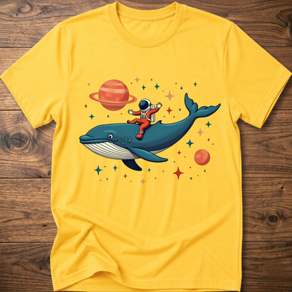 Yellow astronaut and whale space-themed t-shirt with colorful front graphic