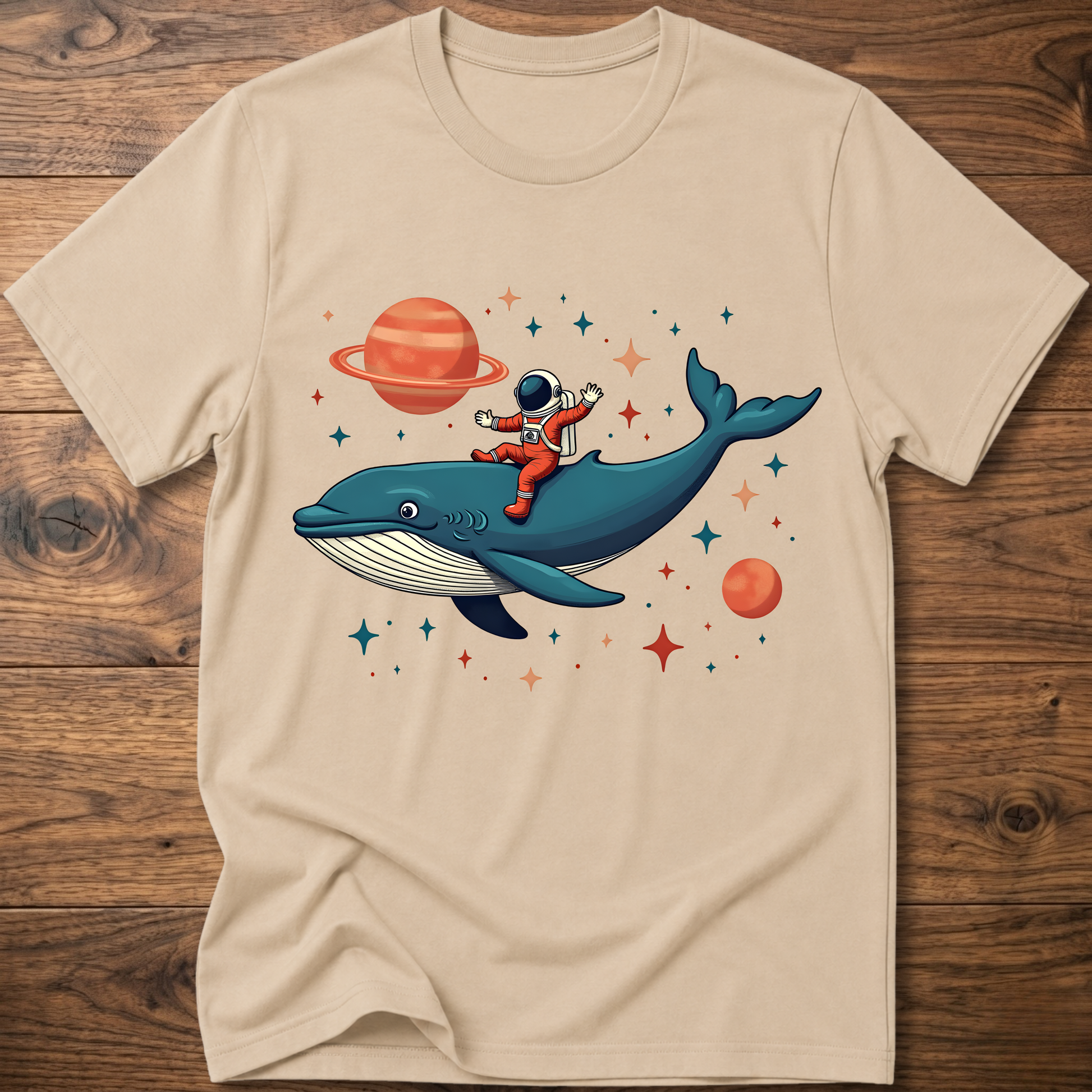 Sand color astronaut and whale space-themed t-shirt with colorful front graphic